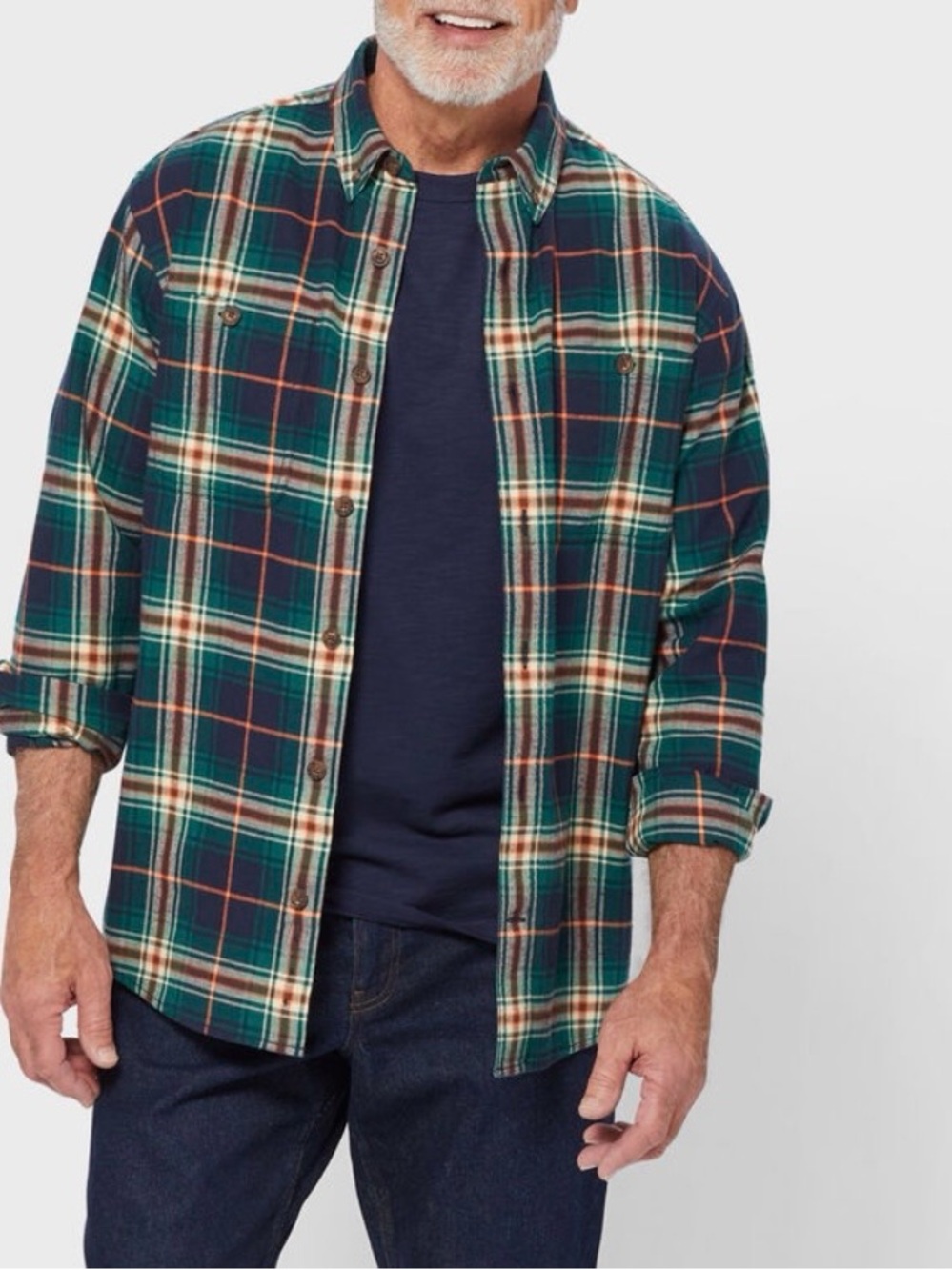 Duluth Trading Co Free Swingin Flannel Untucked Shirt Navy Rustic Plaid Larg